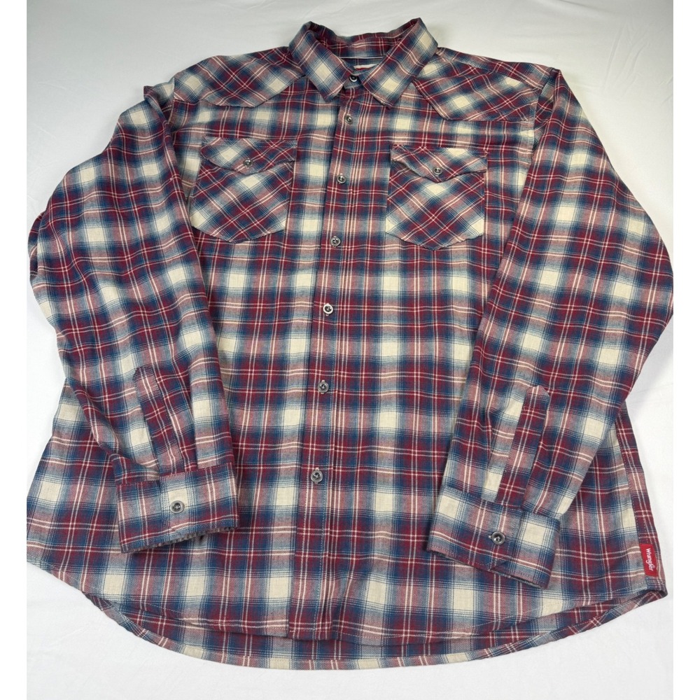 Wrangler Mens XL Plaid Button Down Shirt Red White Blue Long Sleeve Western Soft
